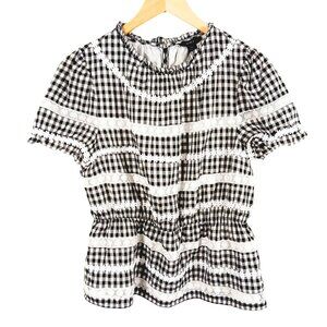 J. Crew, Small, Black/White Gingham Top, Lace Trim, Short Sleeve, Peplum Style
